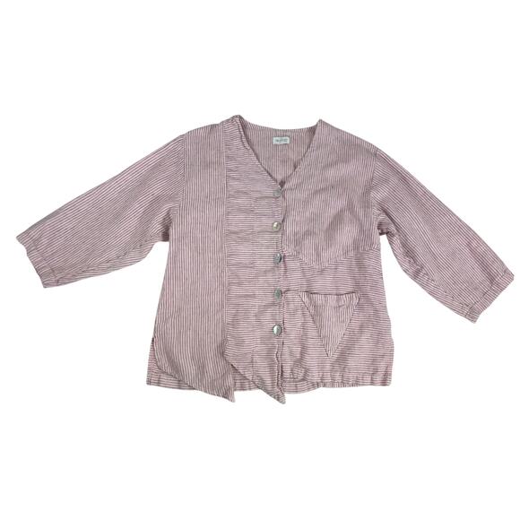 Mosaic USA Linen Top Small Pink Stripe Asymmetrical 3/4 Sleeve Artsy Lagenlook - Picture 5 of 7